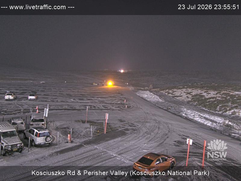 Perisher Perisher Valley Car Park Road snow cam captured at 23 July 2026 at 11:55 pm AEST