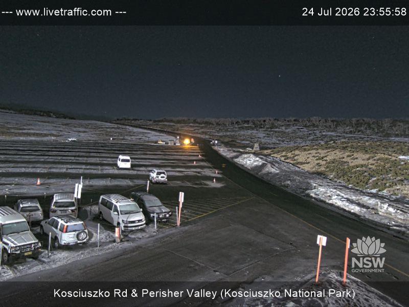 Perisher Perisher Valley Car Park Road snow cam captured at 24 July 2026 at 11:56 pm AEST