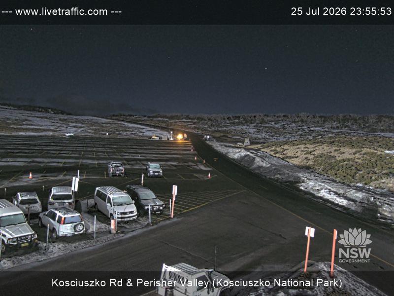 Perisher Perisher Valley Car Park Road snow cam captured at 25 July 2026 at 11:56 pm AEST