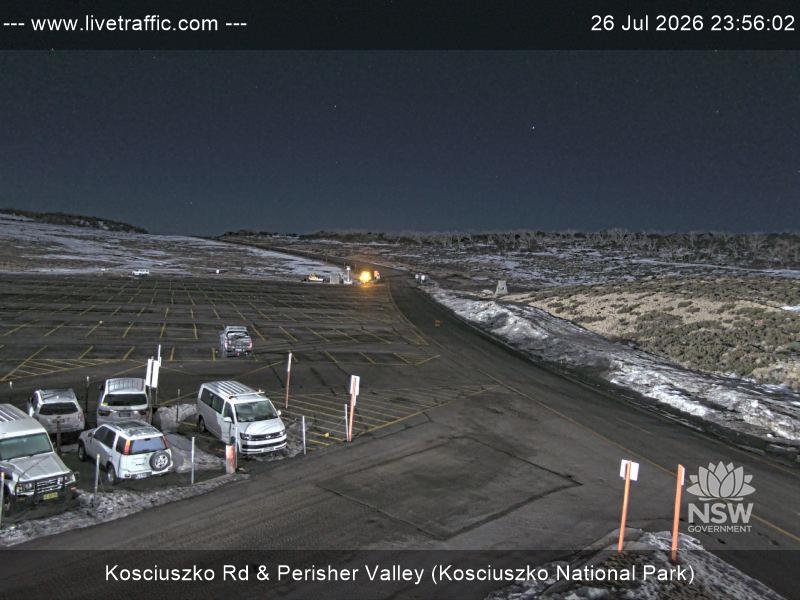 Perisher Perisher Valley Car Park Road snow cam captured at 26 July 2026 at 11:56 pm AEST