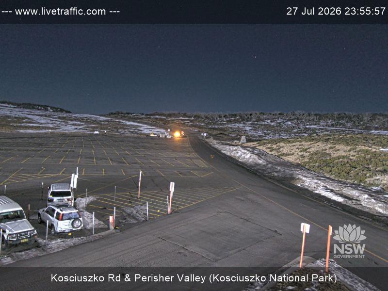 Perisher Perisher Valley Car Park Road snow cam captured at 27 July 2026 at 11:56 pm AEST