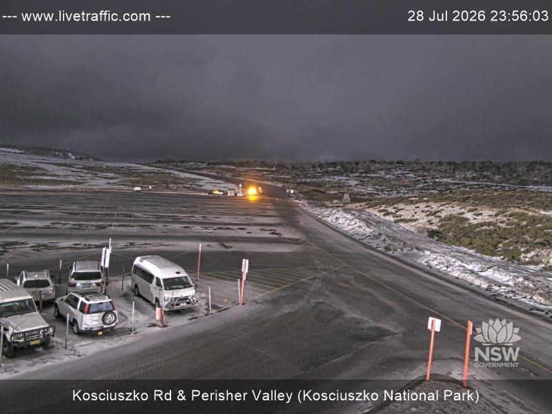 Perisher Perisher Valley Car Park Road snow cam captured at 28 July 2026 at 11:56 pm AEST
