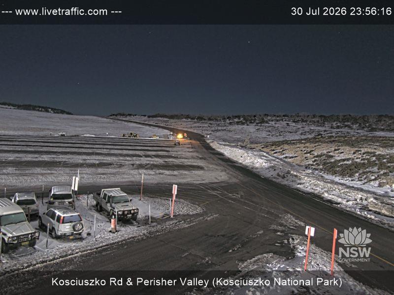 Perisher Perisher Valley Car Park Road snow cam captured at 30 July 2026 at 11:56 pm AEST