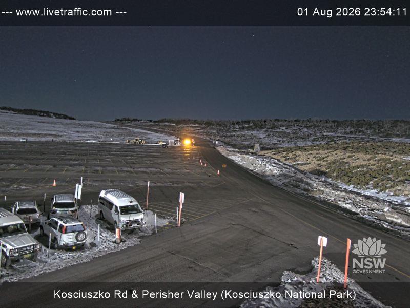 Perisher Perisher Valley Car Park Road snow cam captured at 1 August 2026 at 11:54 pm AEST