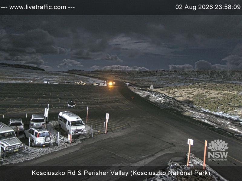 Perisher Perisher Valley Car Park Road snow cam captured at 2 August 2026 at 11:58 pm AEST