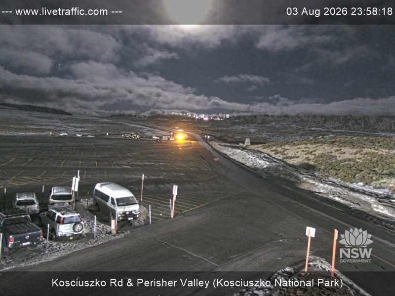 Perisher Perisher Valley Car Park Road snow cam captured at 3 August 2026 at 11:58 pm AEST