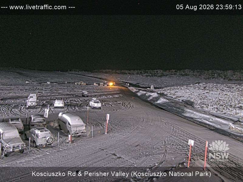 Perisher Perisher Valley Car Park Road snow cam captured at 5 August 2026 at 11:59 pm AEST