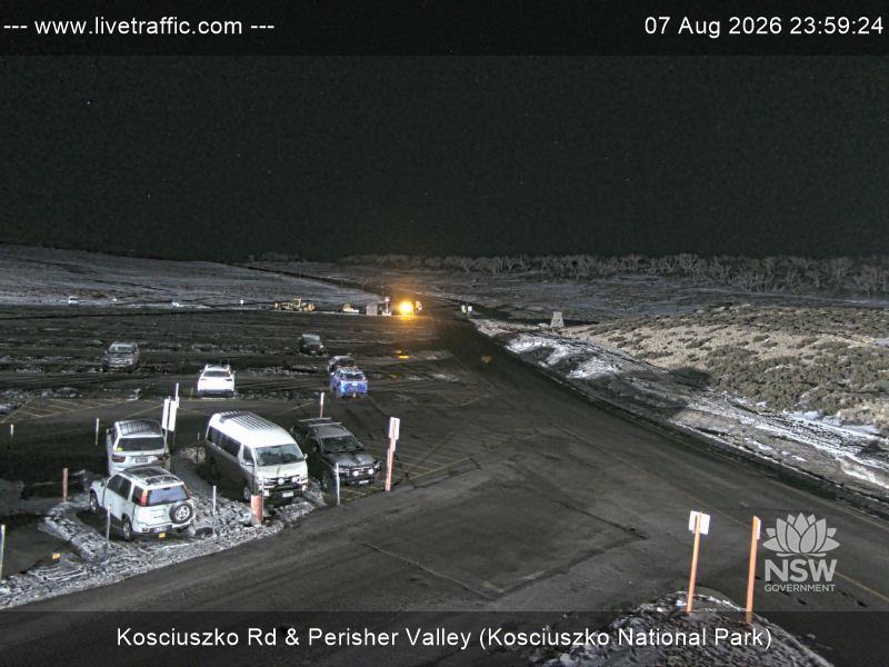Perisher Perisher Valley Car Park Road snow cam captured at 7 August 2026 at 11:59 pm AEST