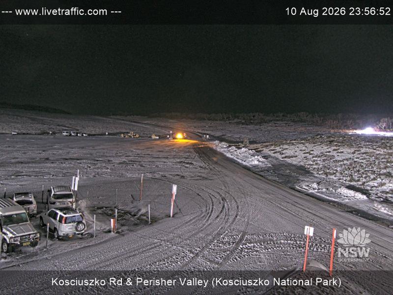 Perisher Perisher Valley Car Park Road snow cam captured at 10 August 2026 at 11:56 pm AEST