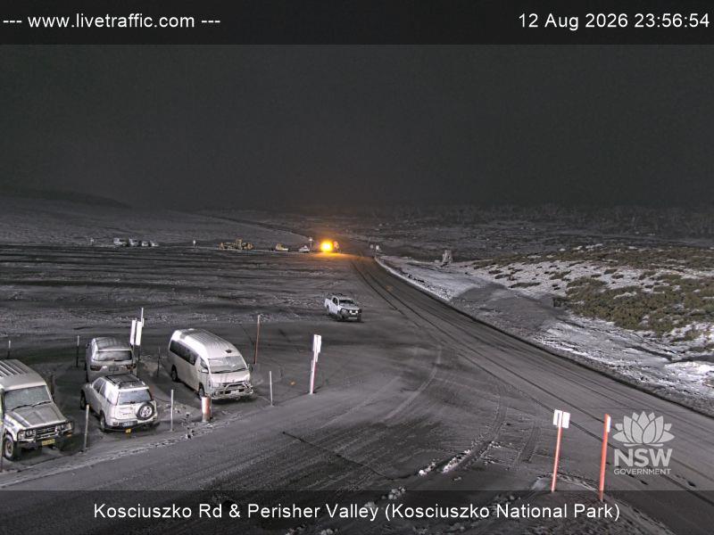 Perisher Perisher Valley Car Park Road snow cam captured at 12 August 2026 at 11:56 pm AEST