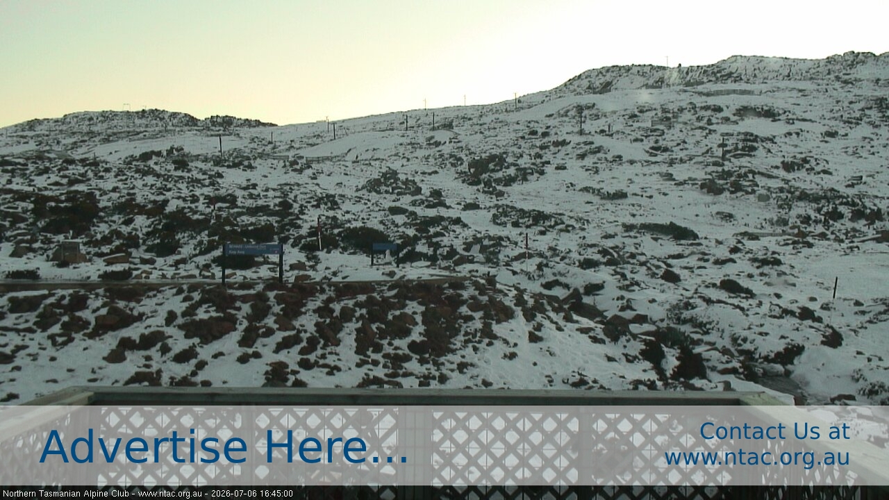 Ben Lomond NTAC Top Slopes snow cam captured at 6 July 2026 at 4:57 pm AEST
