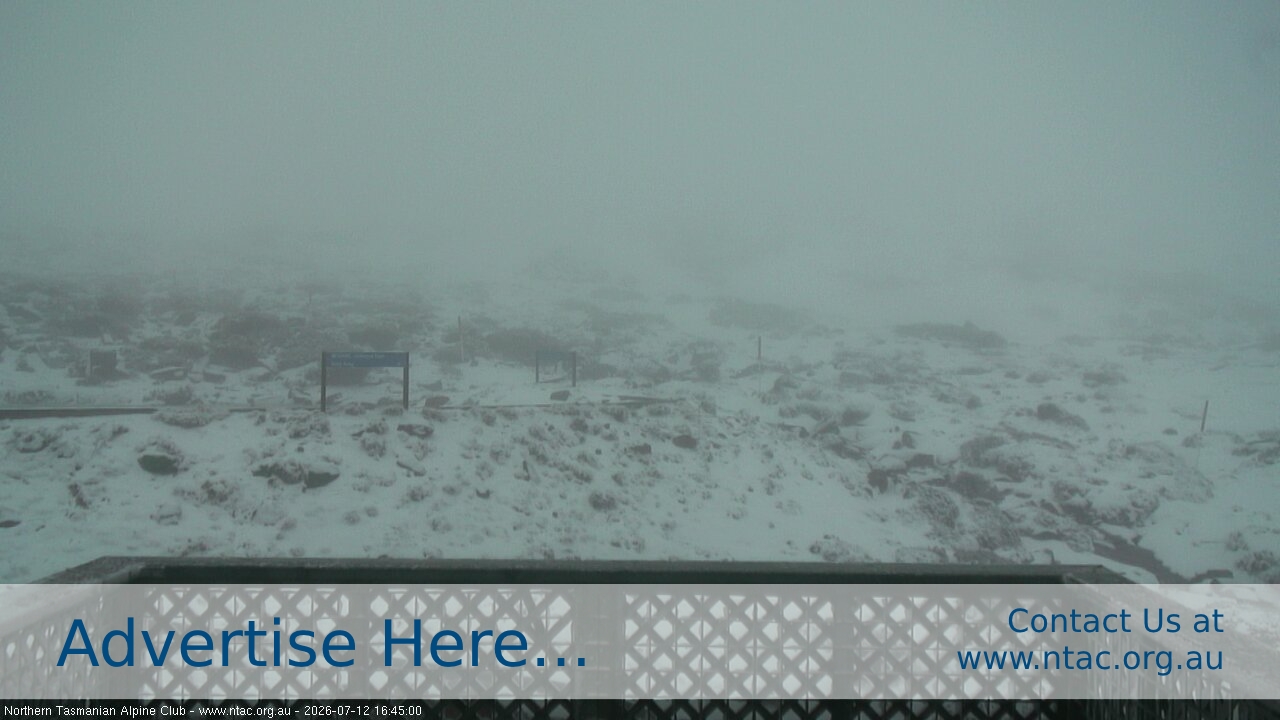 Ben Lomond NTAC Top Slopes snow cam captured at 12 July 2026 at 4:56 pm AEST