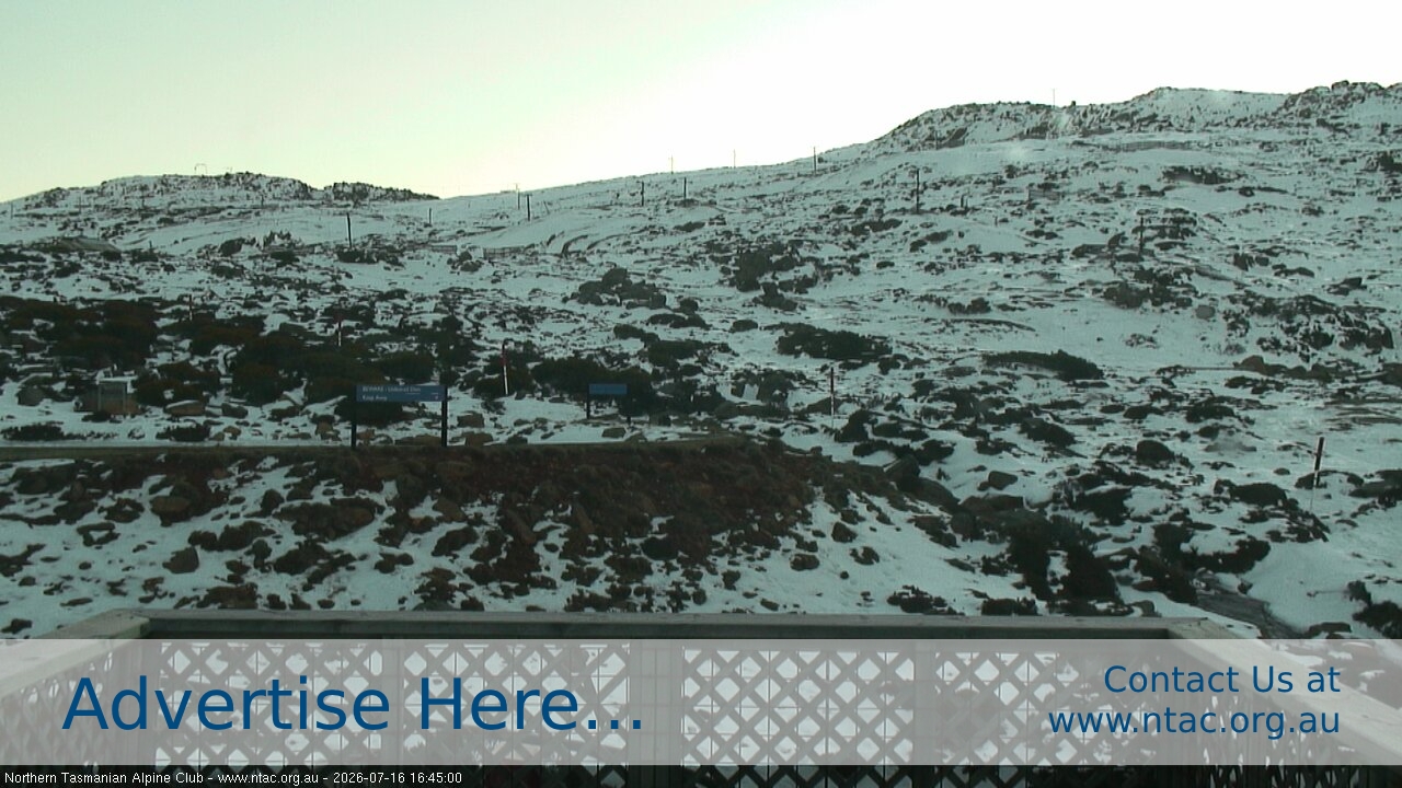 Ben Lomond NTAC Top Slopes snow cam captured at 16 July 2026 at 4:47 pm AEST