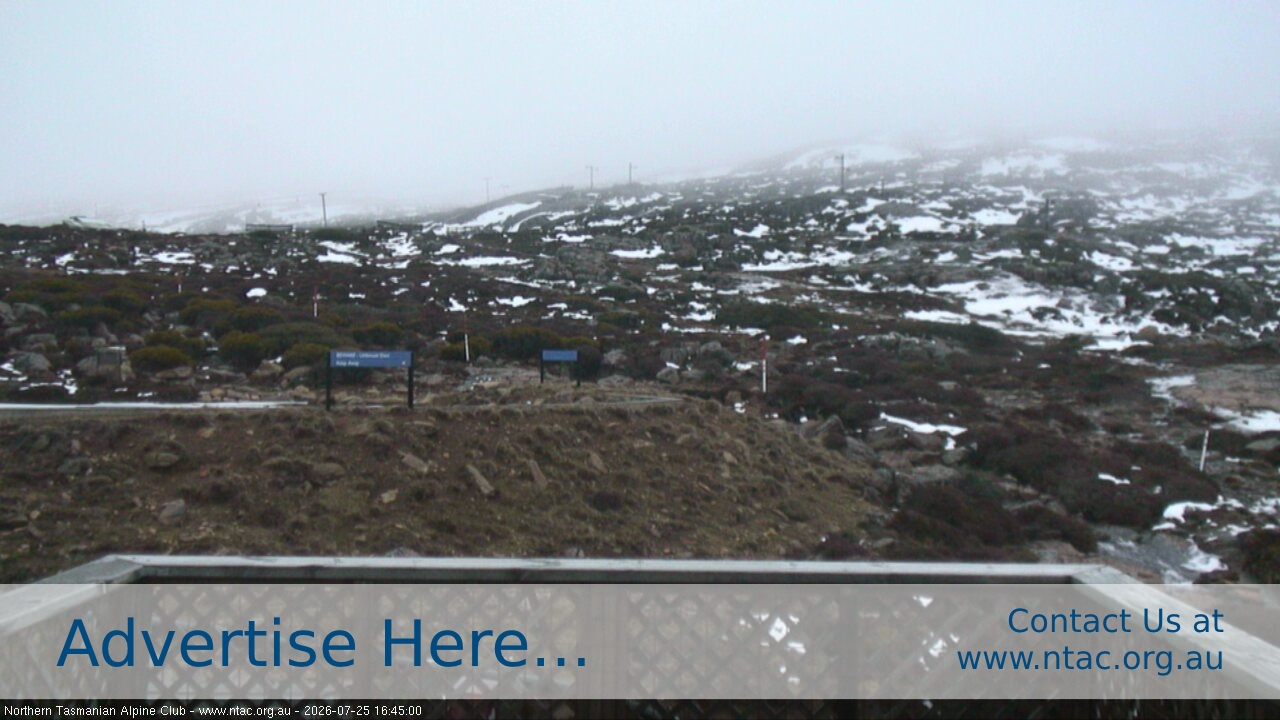 Ben Lomond NTAC Top Slopes snow cam captured at 25 July 2026 at 4:49 pm AEST