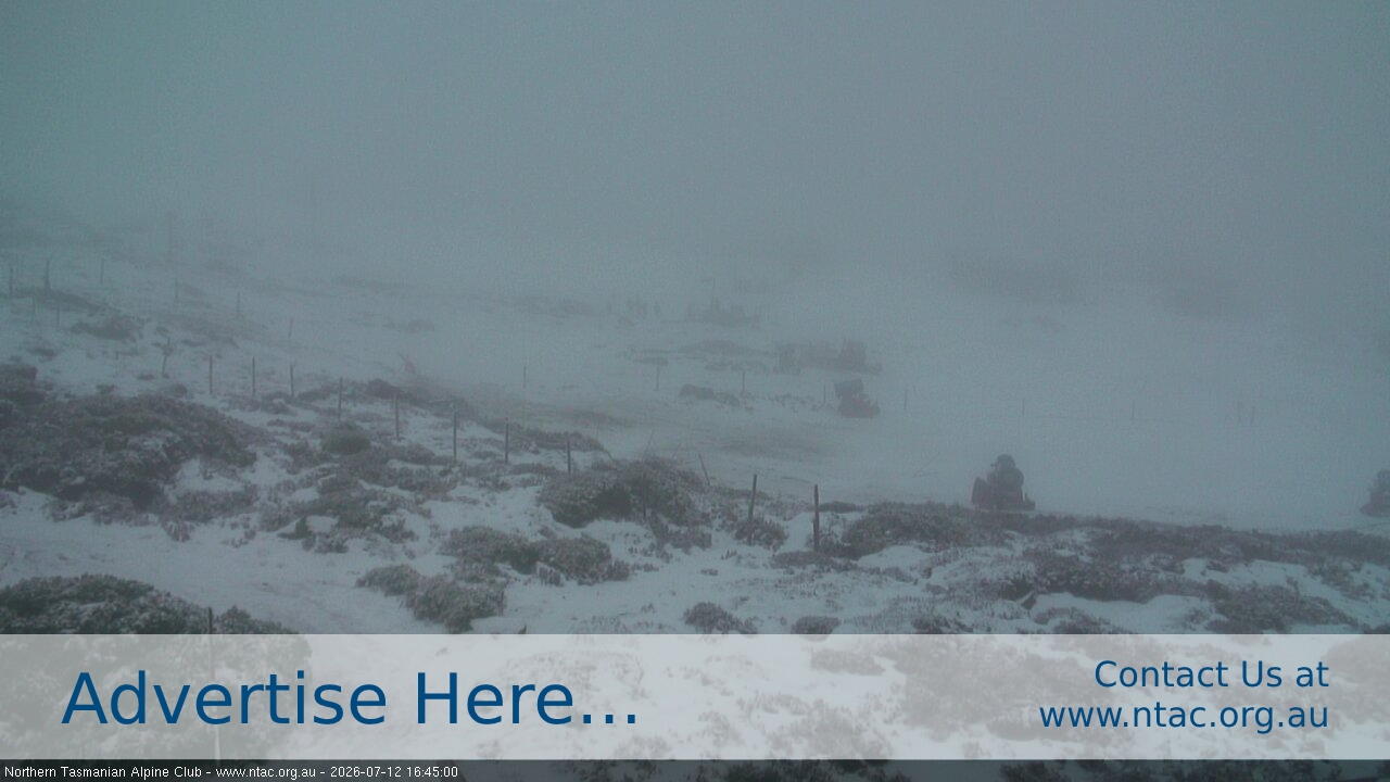 Ben Lomond NTAC Front Slopes snow cam captured at 12 July 2026 at 4:56 pm AEST