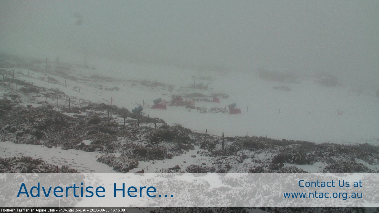 Ben Lomond NTAC Front Slopes snow cam captured at 3 August 2026 at 4:56 pm AEST
