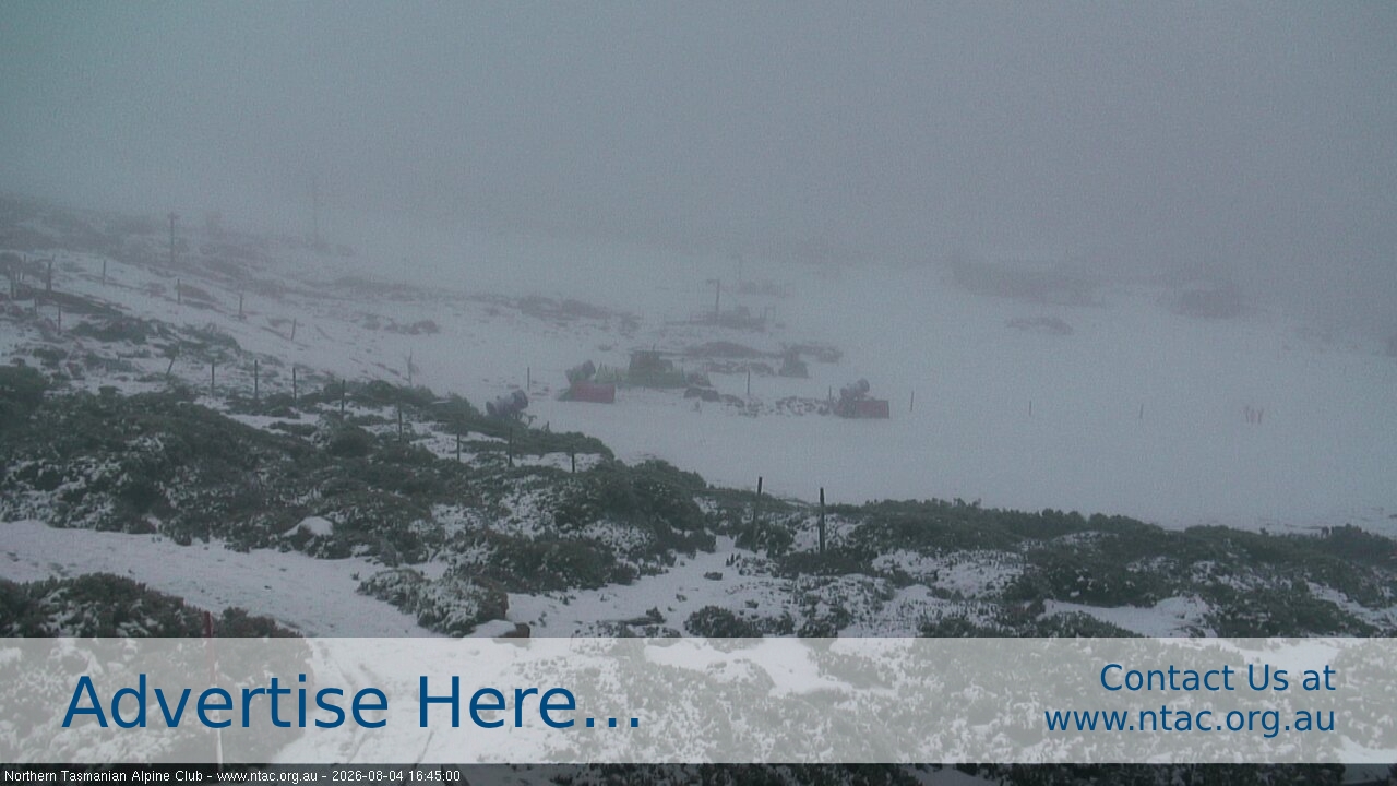 Ben Lomond NTAC Front Slopes snow cam captured at 4 August 2026 at 4:56 pm AEST