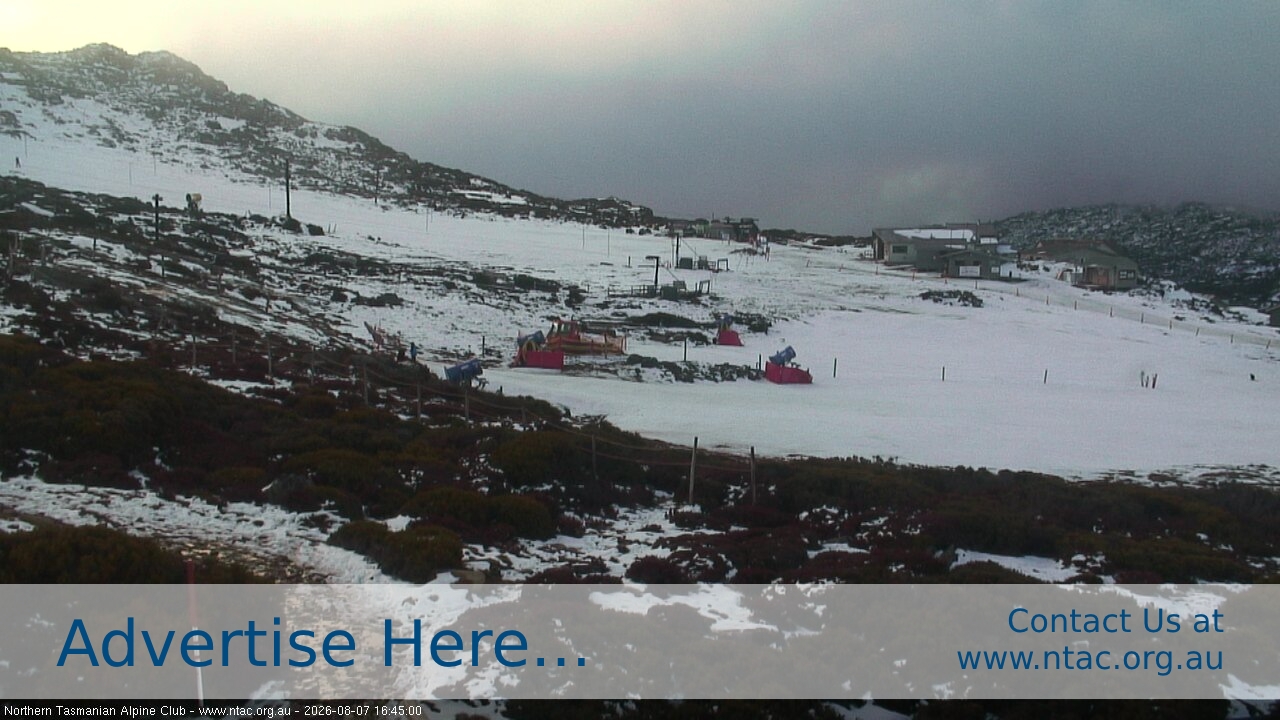 Ben Lomond NTAC Front Slopes snow cam captured at 7 August 2026 at 4:55 pm AEST