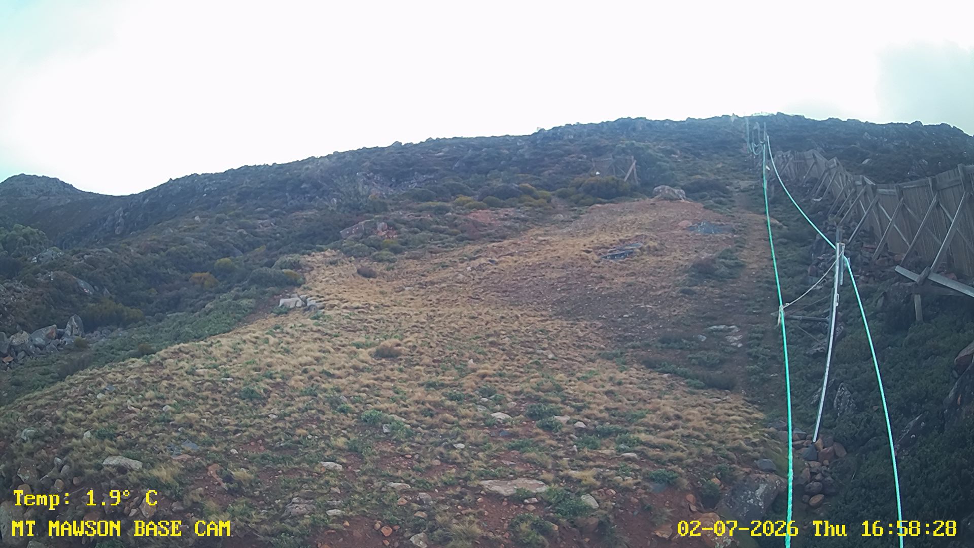 Mt Mawson Base Cam #1 snow cam captured at 2 July 2026 at 4:58 pm AEST