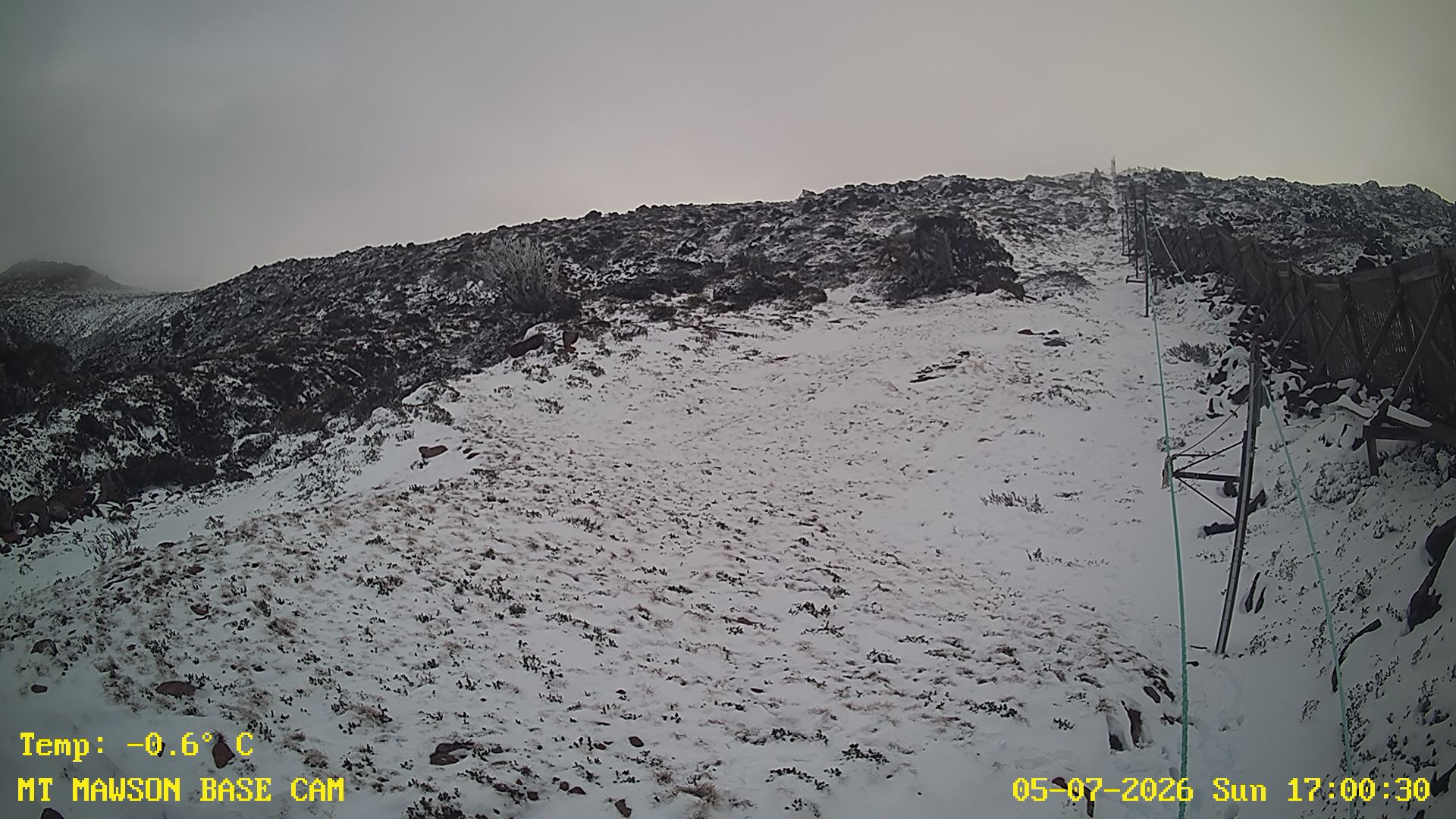 Mt Mawson Base Cam #1 snow cam captured at 5 July 2026 at 5:14 pm AEST