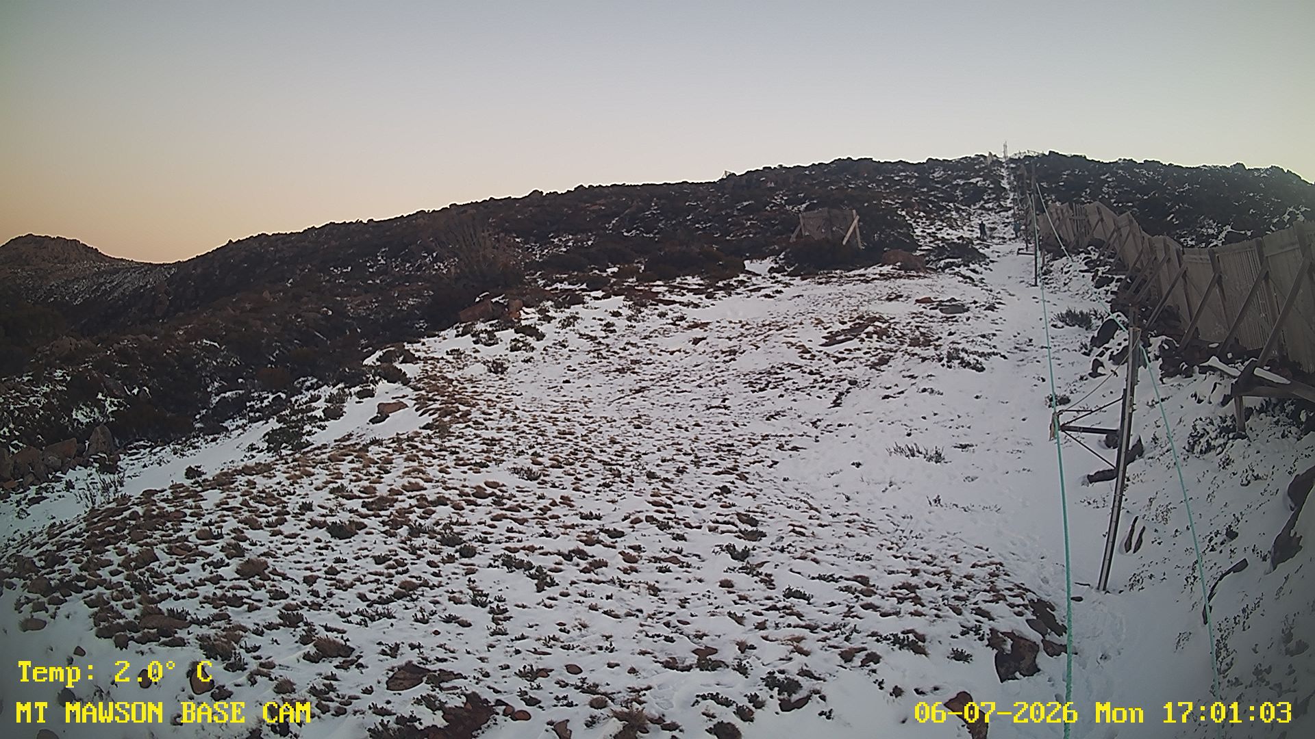 Mt Mawson Base Cam #1 snow cam captured at 6 July 2026 at 5:14 pm AEST