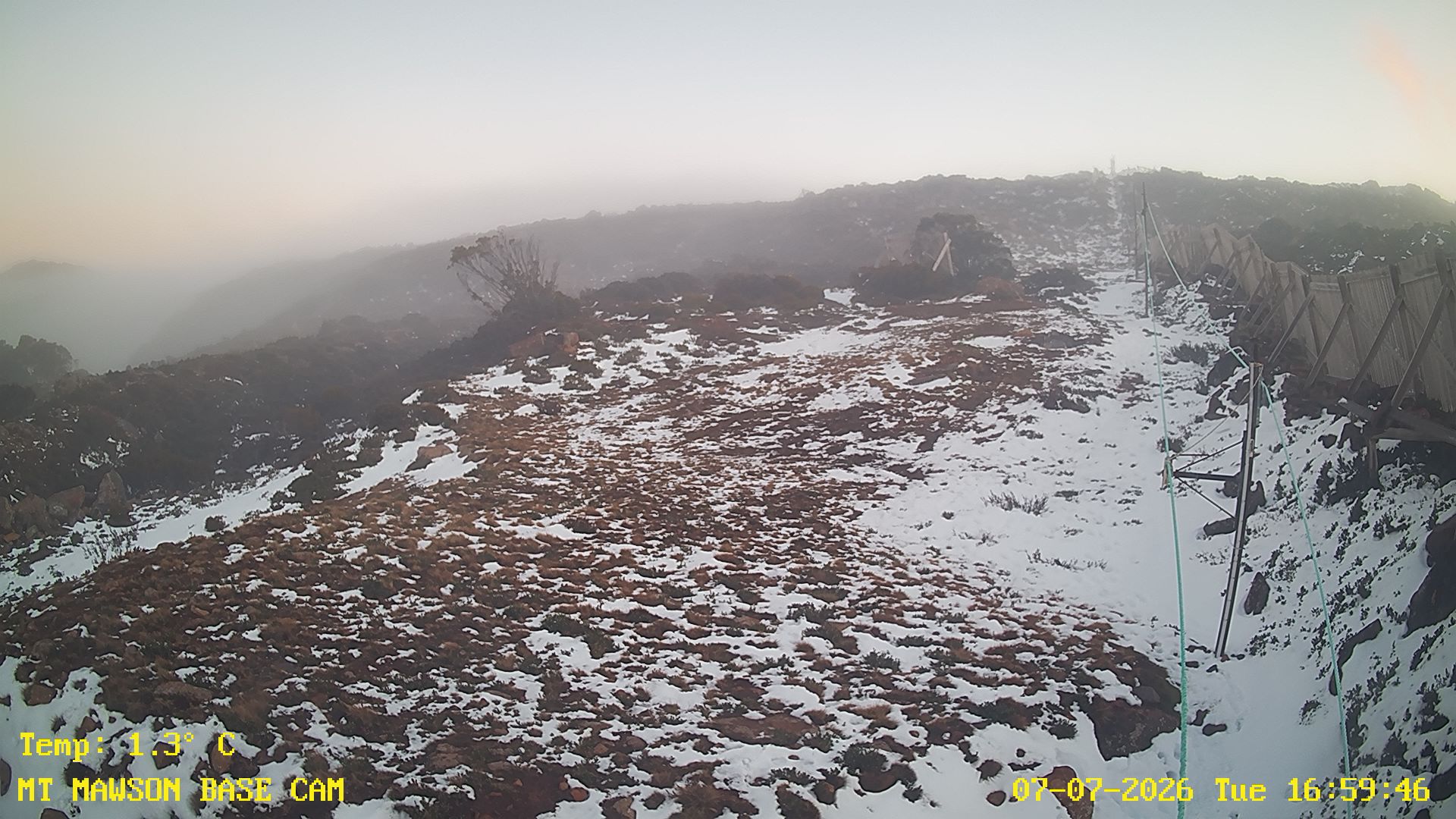 Mt Mawson Base Cam #1 snow cam captured at 7 July 2026 at 5:14 pm AEST