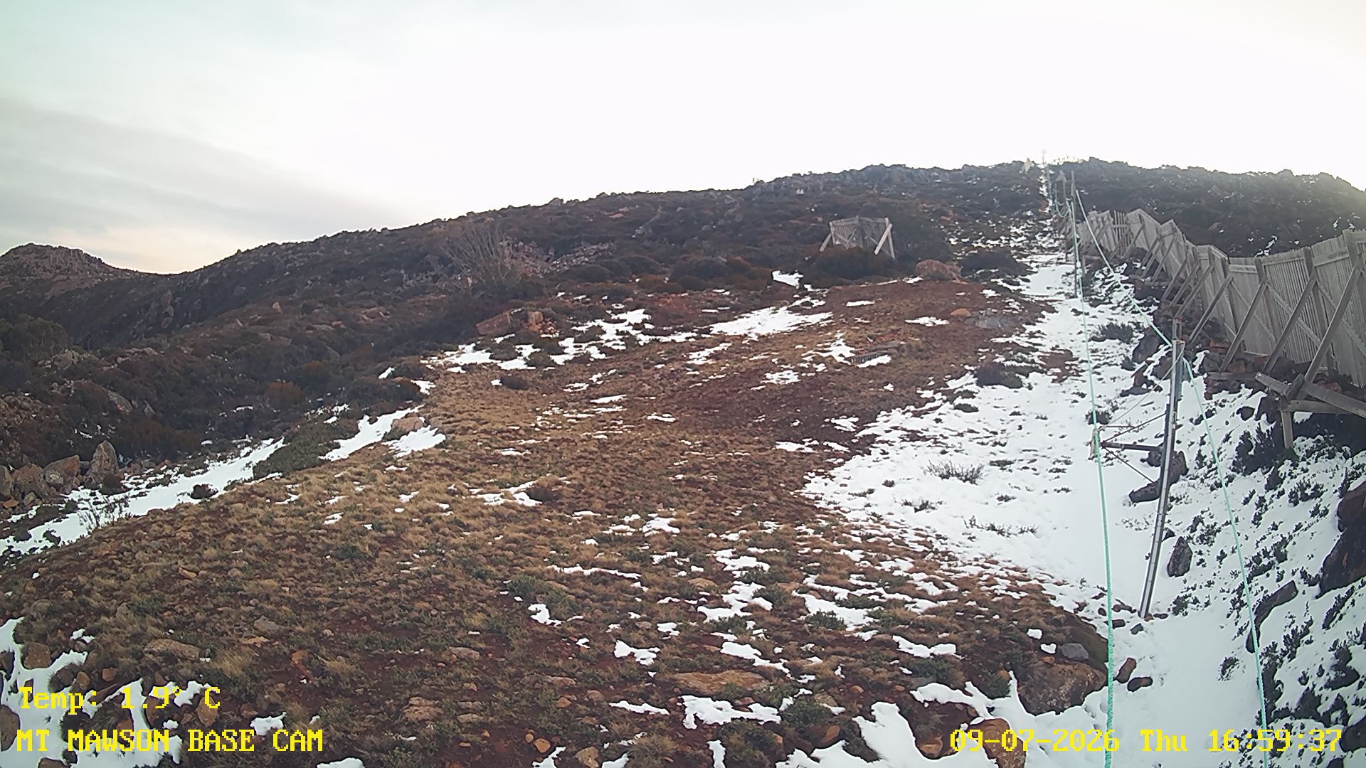 Mt Mawson Base Cam #1 snow cam captured at 9 July 2026 at 5:14 pm AEST