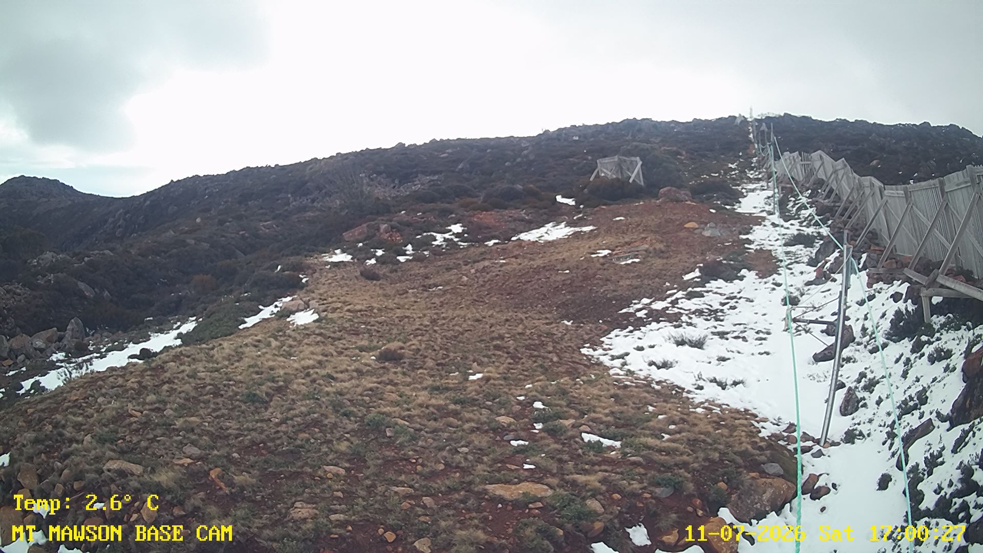 Mt Mawson Base Cam #1 snow cam captured at 11 July 2026 at 5:14 pm AEST