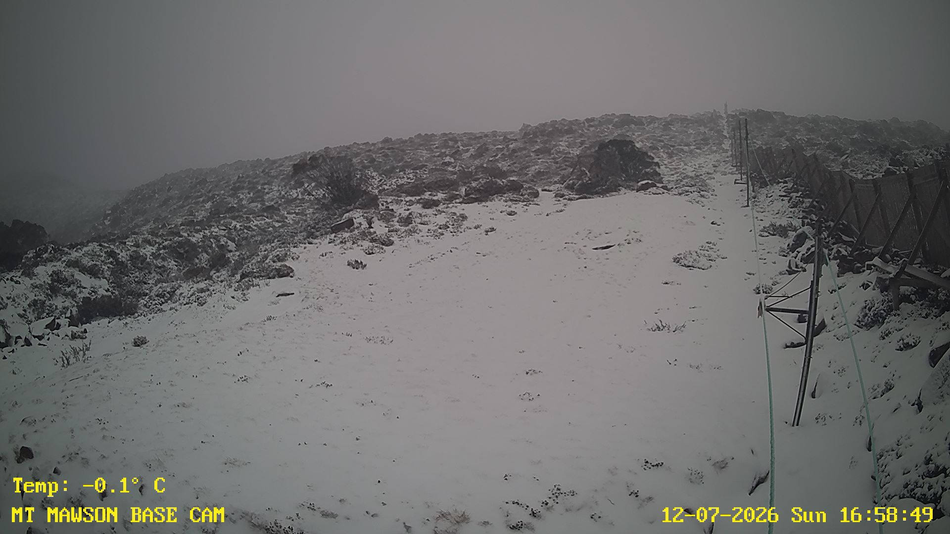 Mt Mawson Base Cam #1 snow cam captured at 12 July 2026 at 5:13 pm AEST