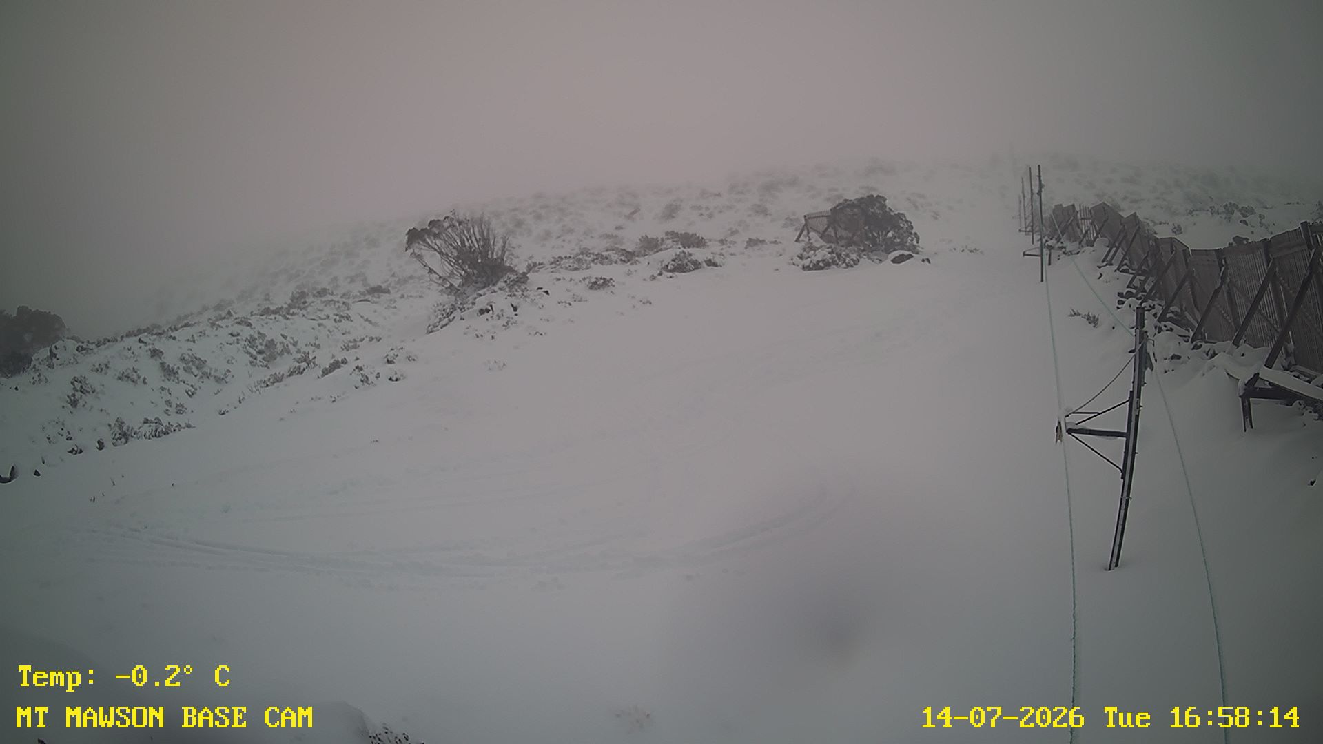 Mt Mawson Base Cam #1 snow cam captured at 14 July 2026 at 5:03 pm AEST