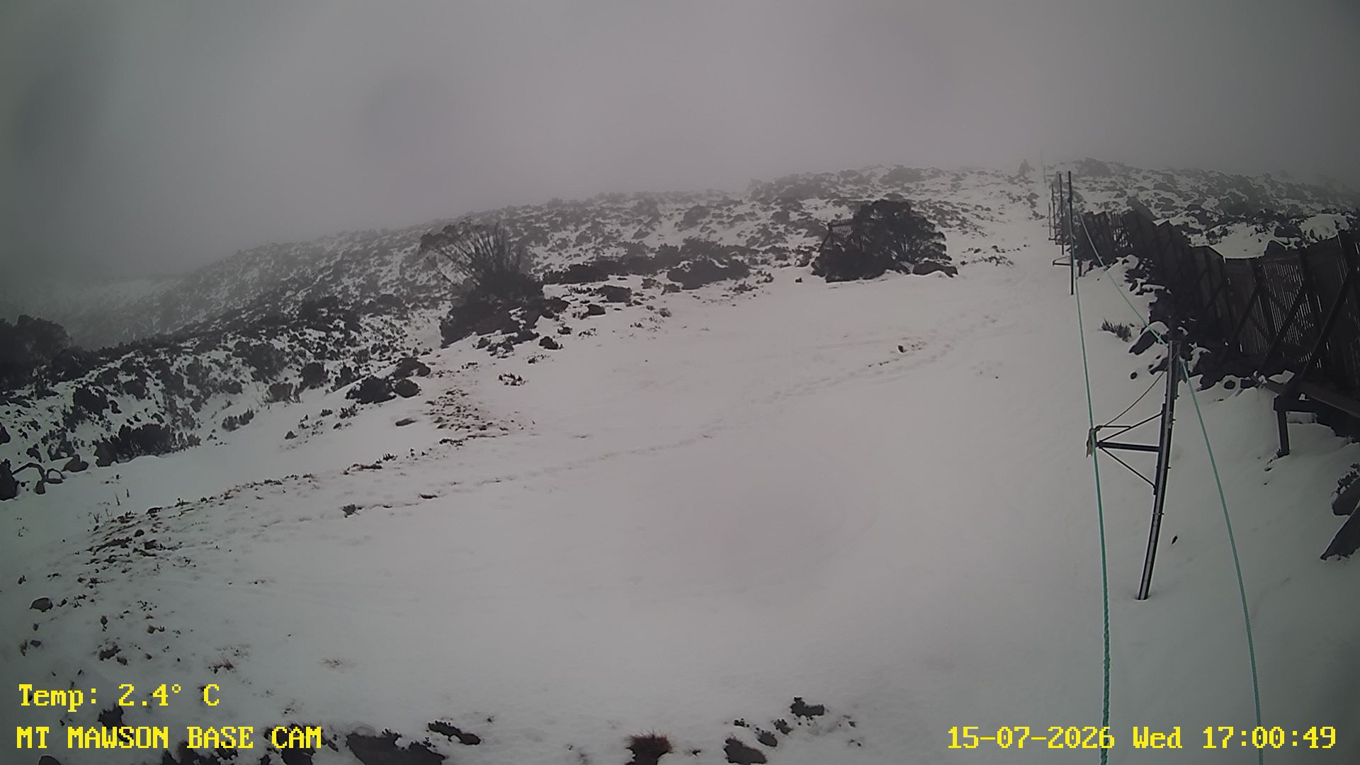 Mt Mawson Base Cam #1 snow cam captured at 15 July 2026 at 5:03 pm AEST