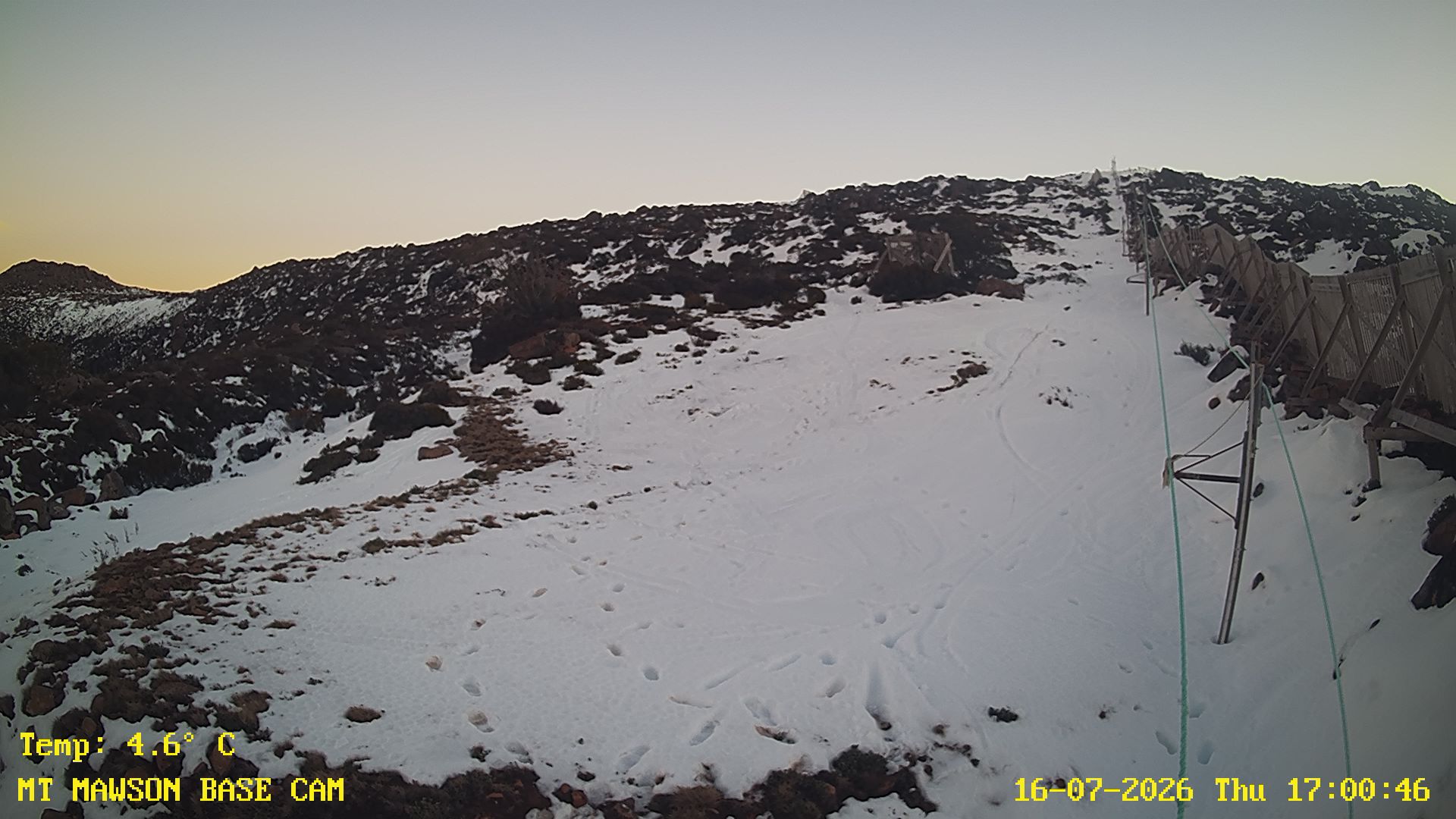 Mt Mawson Base Cam #1 snow cam captured at 16 July 2026 at 5:03 pm AEST