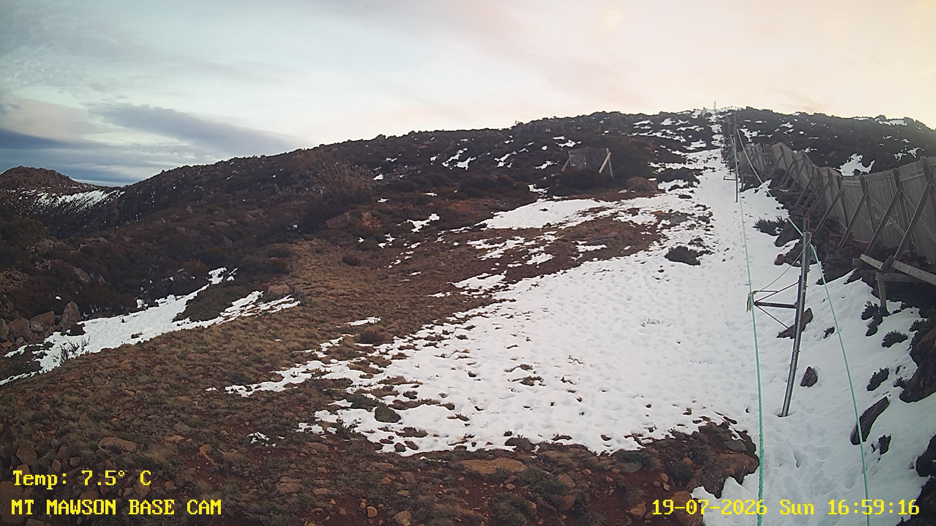 Mt Mawson Base Cam #1 snow cam captured at 19 July 2026 at 5:03 pm AEST