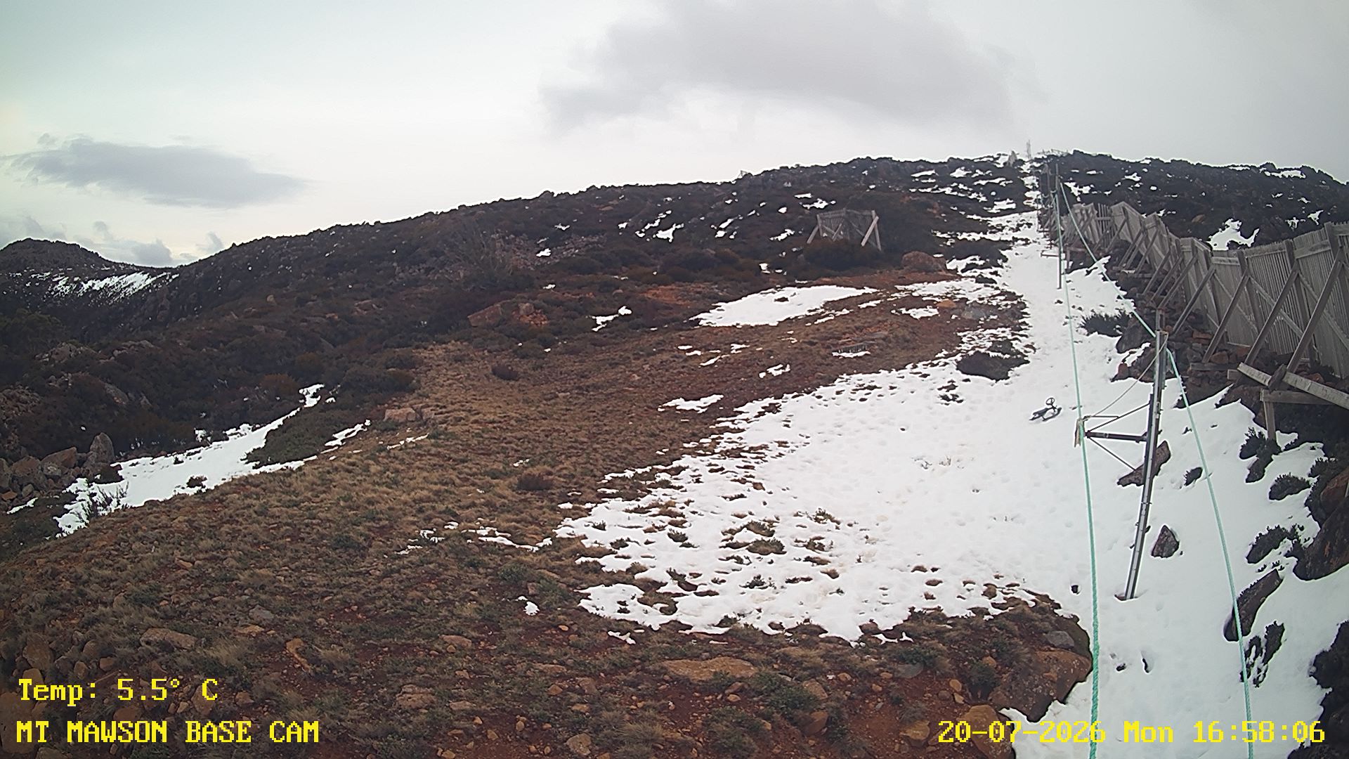 Mt Mawson Base Cam #1 snow cam captured at 20 July 2026 at 5:03 pm AEST