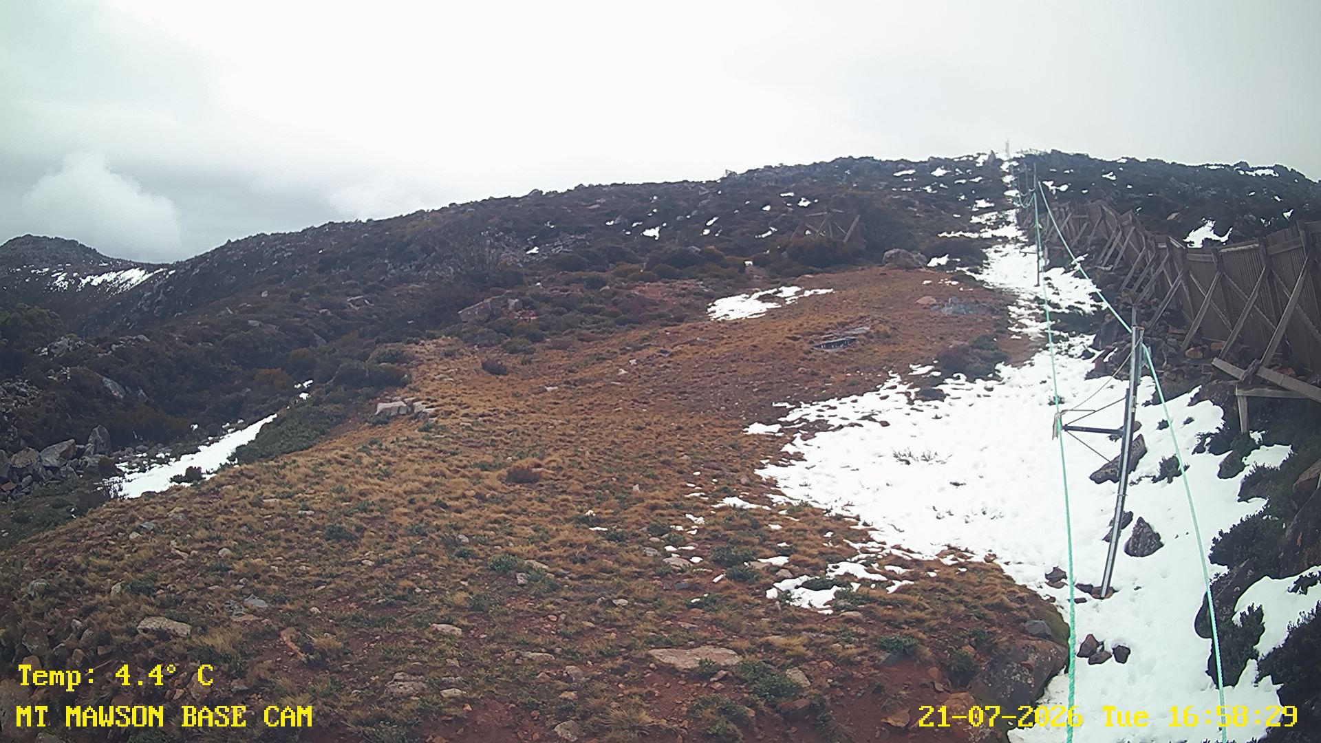 Mt Mawson Base Cam #1 snow cam captured at 21 July 2026 at 5:05 pm AEST