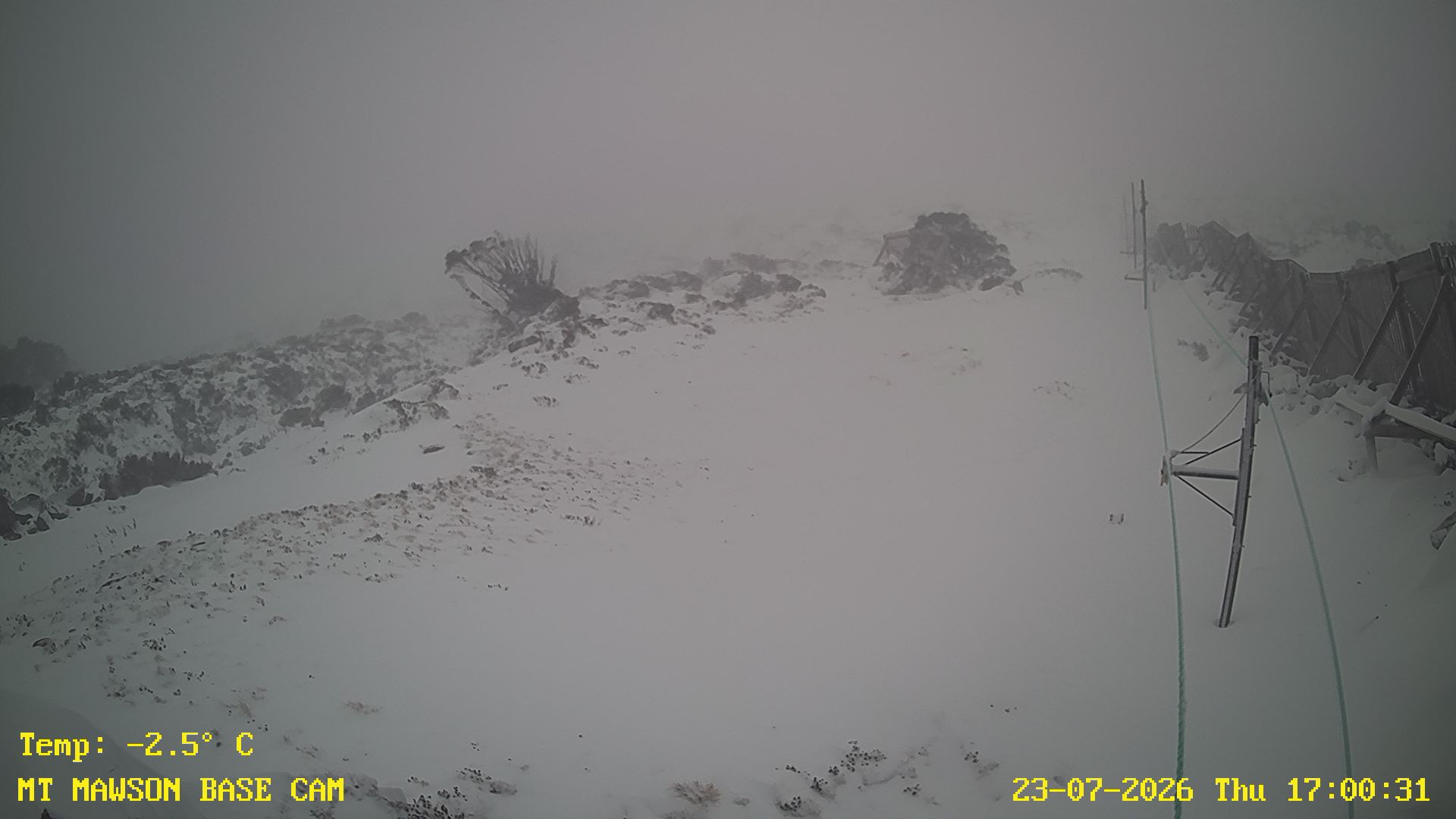 Mt Mawson Base Cam #1 snow cam captured at 23 July 2026 at 5:11 pm AEST