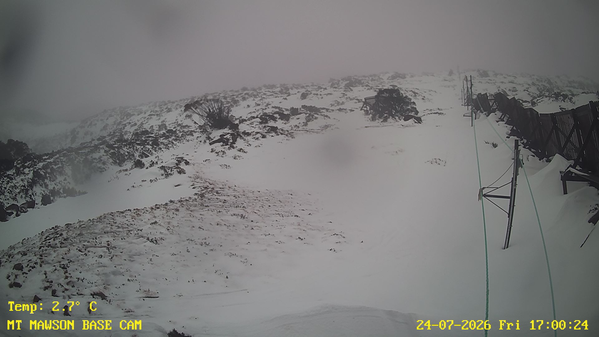 Mt Mawson Base Cam #1 snow cam captured at 24 July 2026 at 5:11 pm AEST