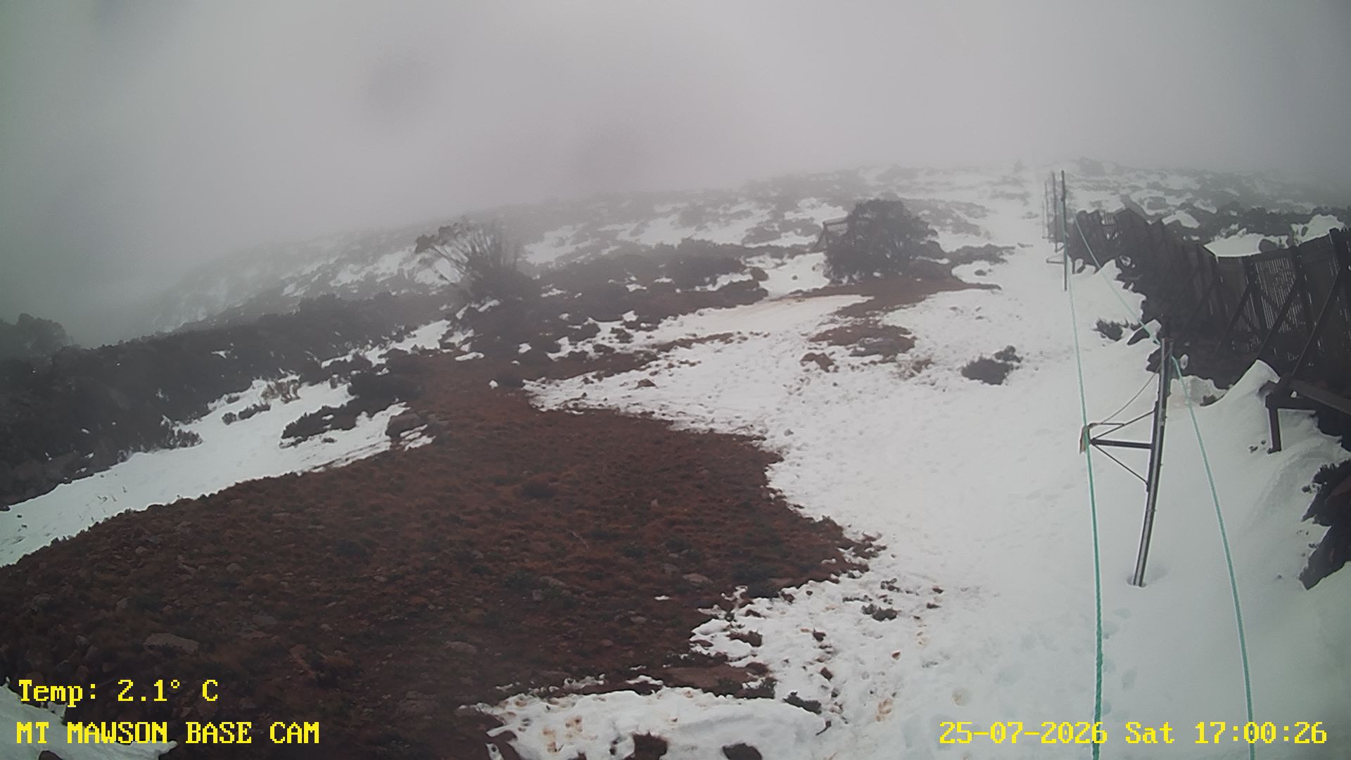 Mt Mawson Base Cam #1 snow cam captured at 25 July 2026 at 5:12 pm AEST