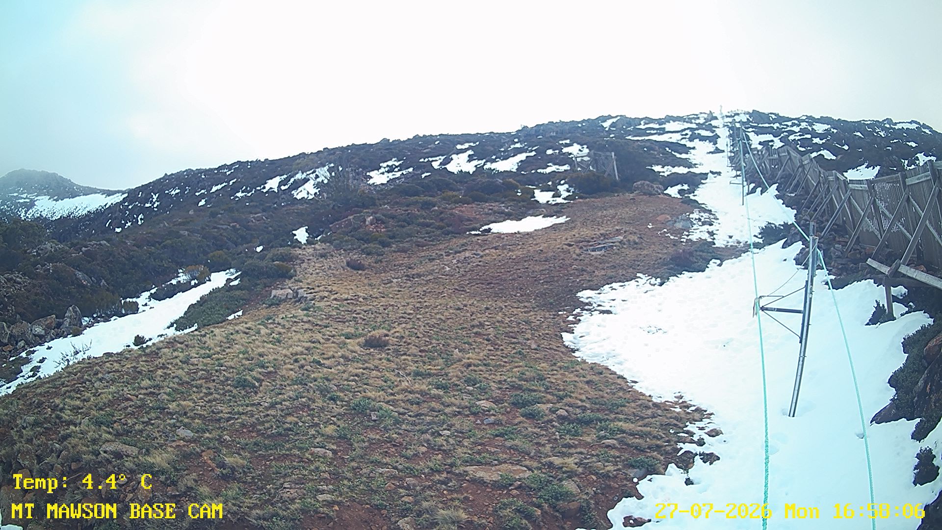Mt Mawson Base Cam #1 snow cam captured at 27 July 2026 at 5:12 pm AEST