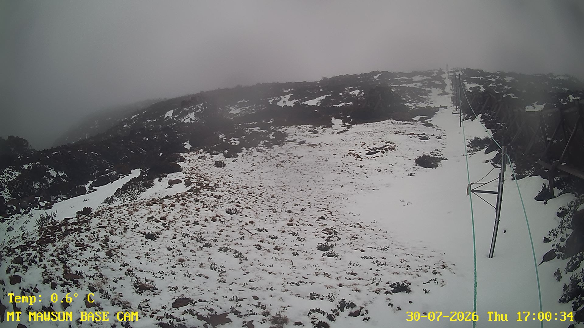 Mt Mawson Base Cam #1 snow cam captured at 30 July 2026 at 5:11 pm AEST