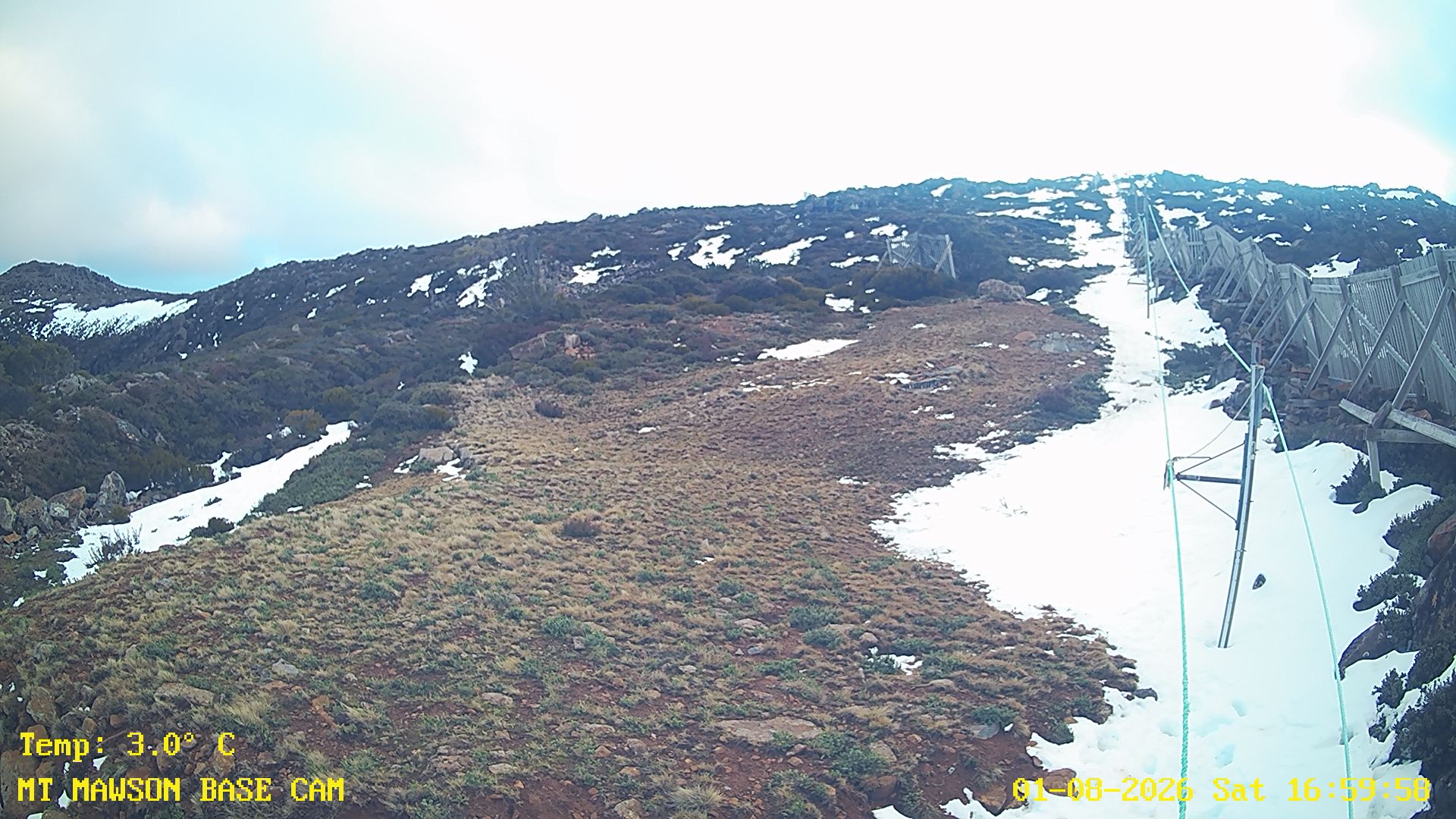 Mt Mawson Base Cam #1 snow cam captured at 1 August 2026 at 5:06 pm AEST