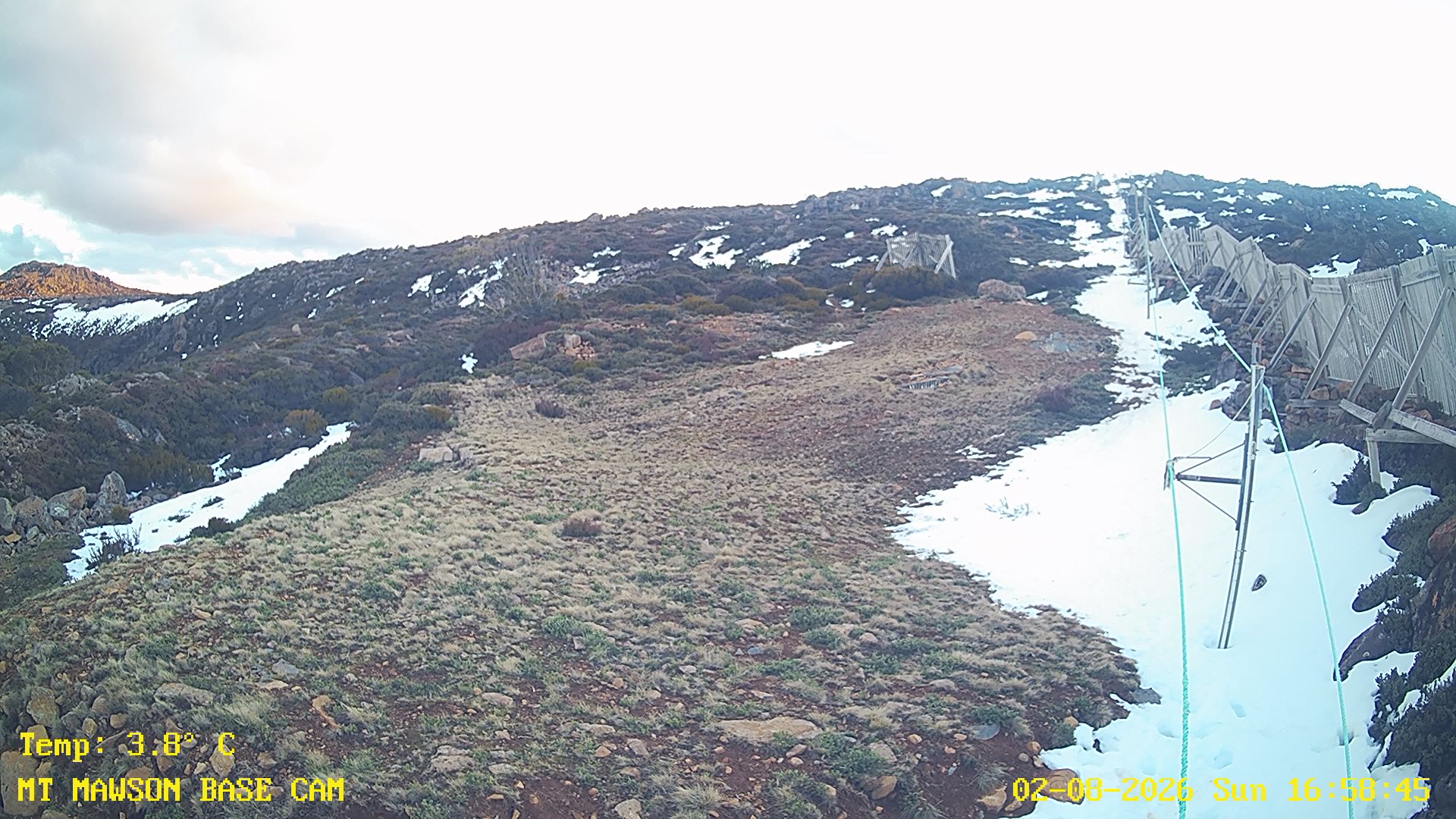 Mt Mawson Base Cam #1 snow cam captured at 2 August 2026 at 5:01 pm AEST