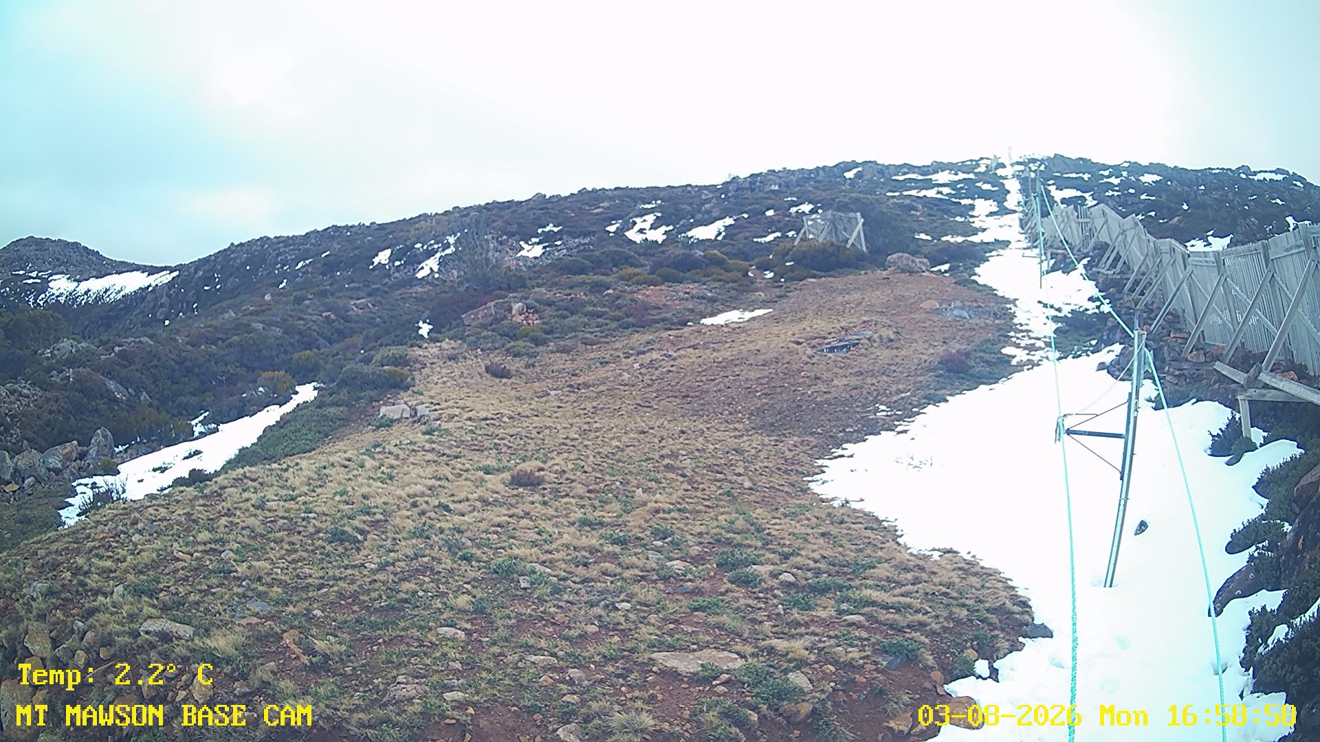Mt Mawson Base Cam #1 snow cam captured at 3 August 2026 at 5:00 pm AEST
