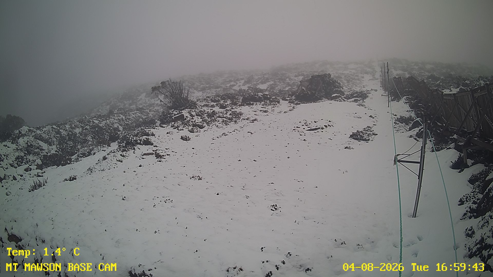 Mt Mawson Base Cam #1 snow cam captured at 4 August 2026 at 5:15 pm AEST