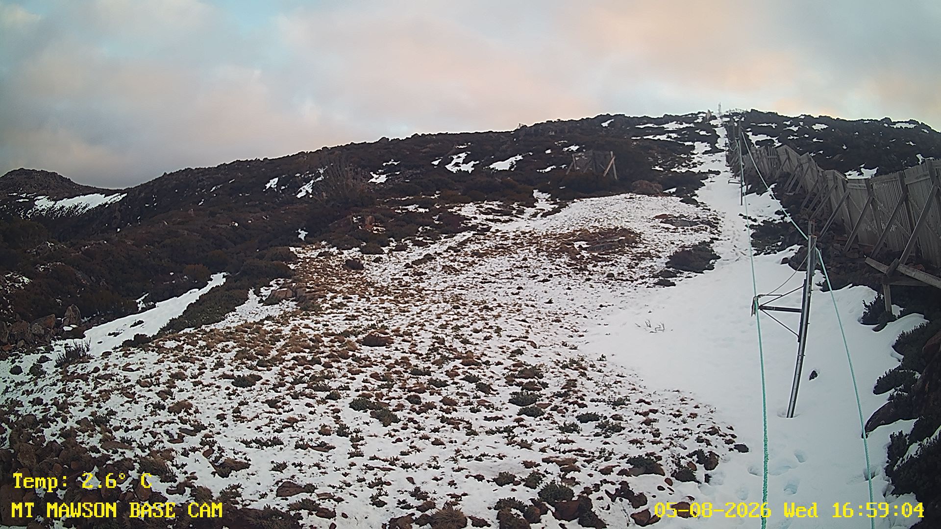 Mt Mawson Base Cam #1 snow cam captured at 5 August 2026 at 5:14 pm AEST
