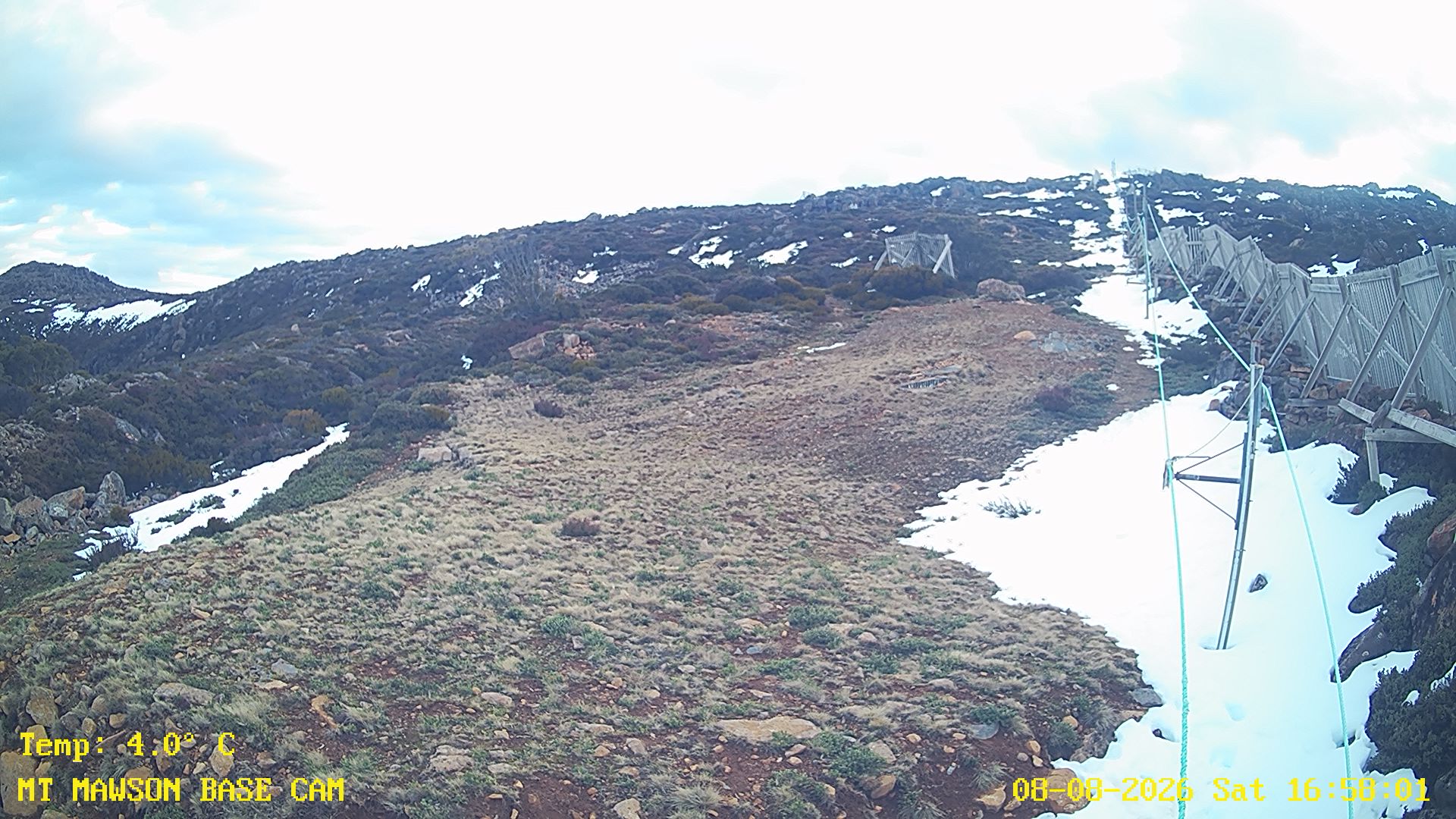 Mt Mawson Base Cam #1 snow cam captured at 8 August 2026 at 4:58 pm AEST