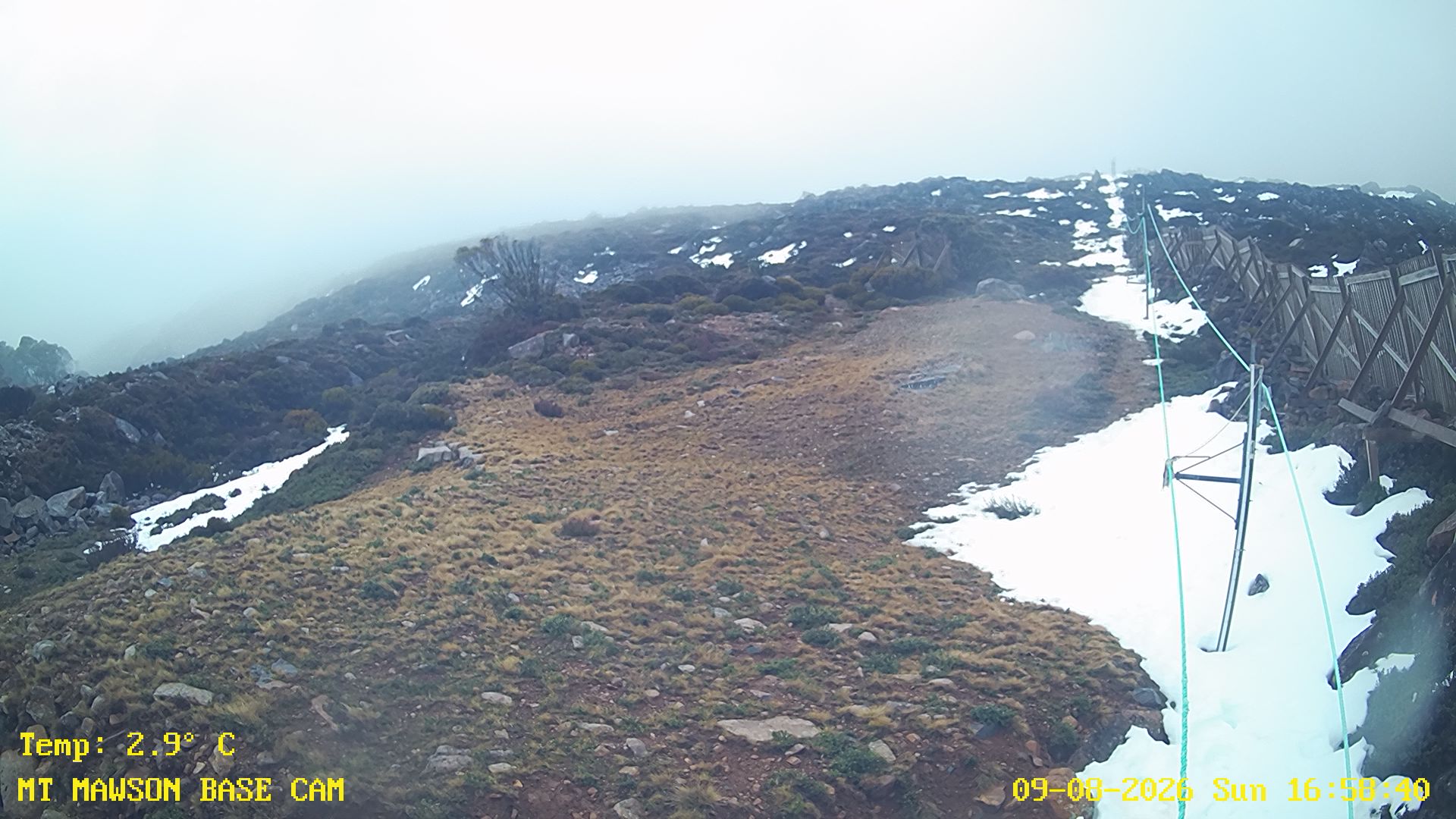 Mt Mawson Base Cam #1 snow cam captured at 9 August 2026 at 5:14 pm AEST