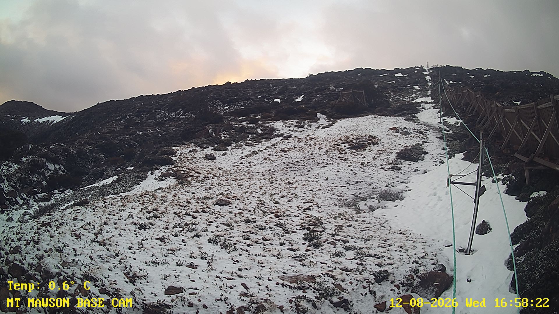 Mt Mawson Base Cam #1 snow cam captured at 12 August 2026 at 5:12 pm AEST