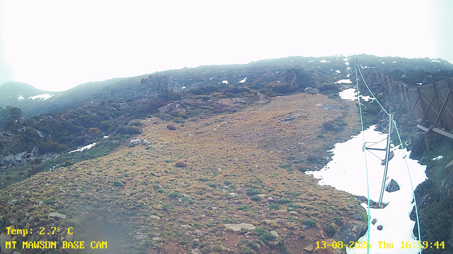 Mt Mawson Base Cam #1 snow cam captured at 13 August 2026 at 5:13 pm AEST