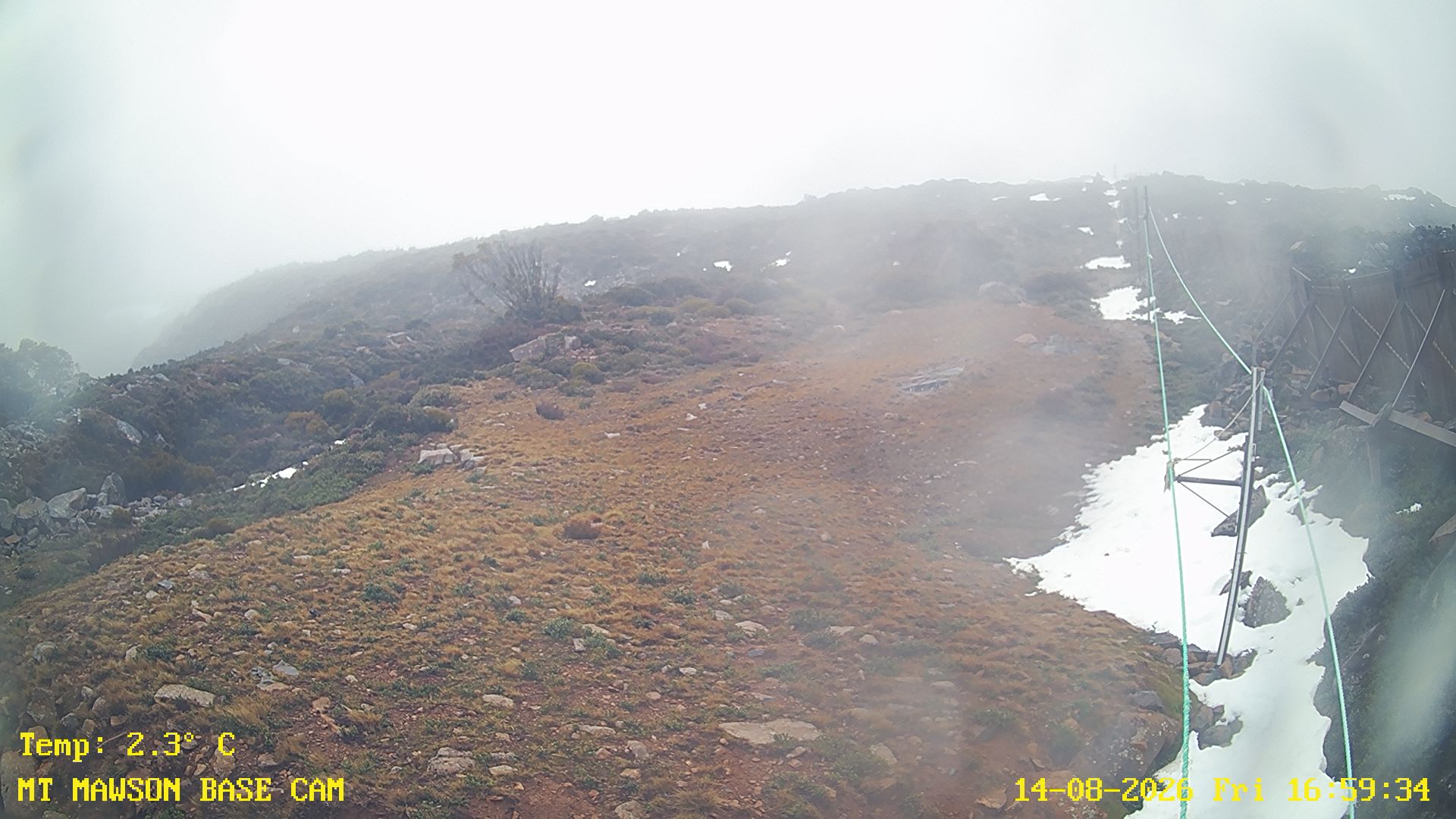 Mt Mawson Base Cam #1 snow cam captured at 14 August 2026 at 5:13 pm AEST